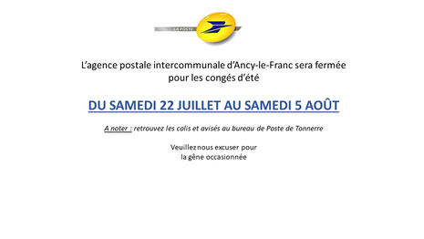 Agence postale Ancy le Franc congès d'été 2023