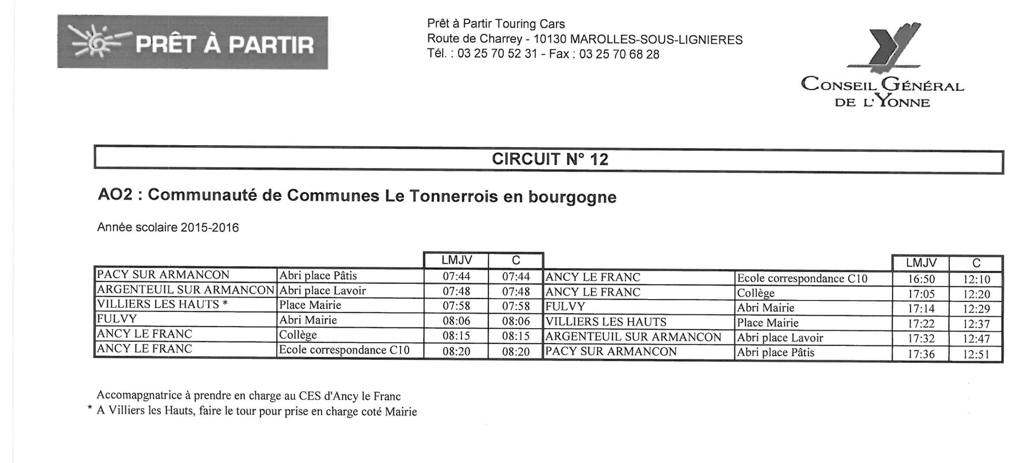 horaires ligne de BUs scolaire12