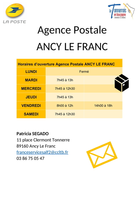 Nouveaux horaires agence postale Ancy-le-Franc 
