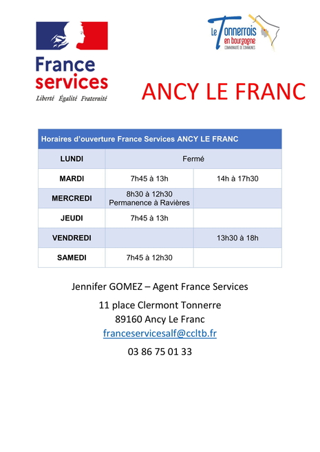 Nouveaux horaires Maison France Services Ancy-le-Franc