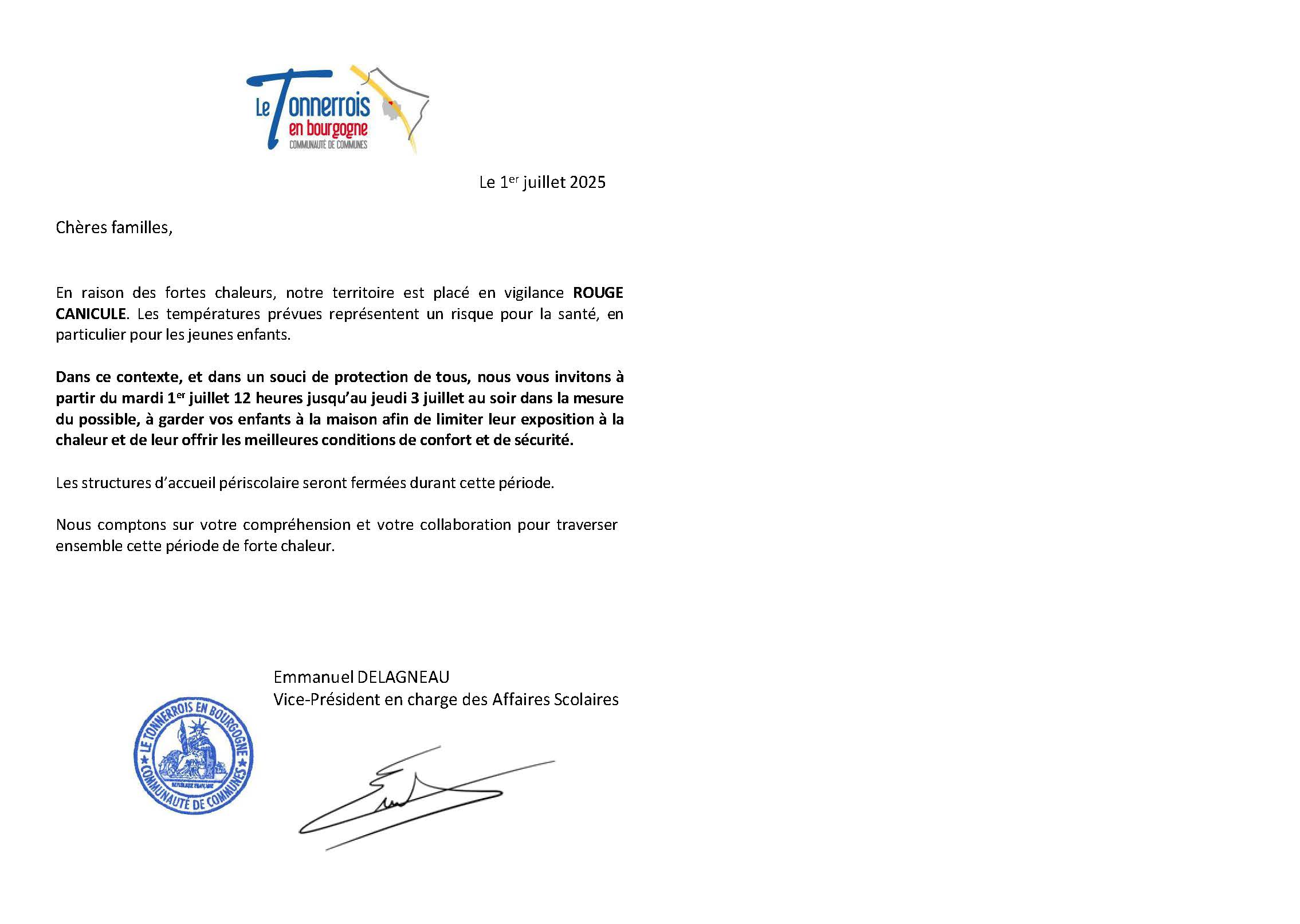 Courrier aux familles - Episode de canicule_2025