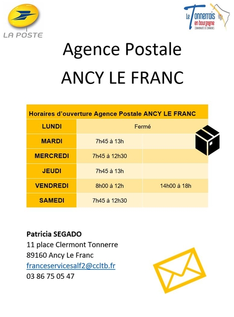 Agence Postale Ancy-le-Franc horaires